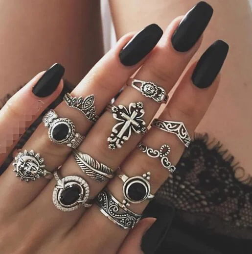 Retro Carved Sun Feather Cross Black Gem Ring 11 Piece Set Combination