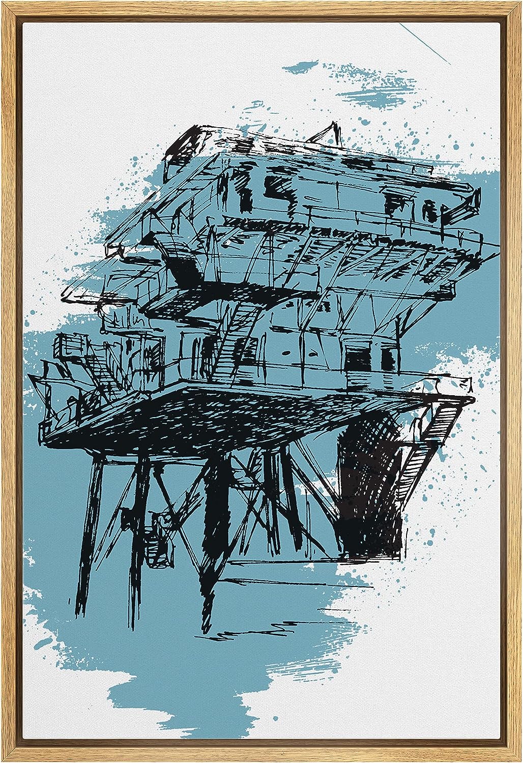 MUDECOR Framed Canvas Print Wall Art Beach Lifeguard Shack with Blue Color Splash Architecture & Maps Building Illustrations Modern Art Contemporary for Living Room, Bedroom, Office - 16 inch x24 inch  Natural 16&#034; x 24&#034; NATURAL