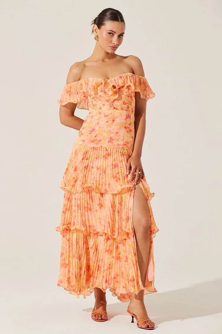 Off Shoulder Ruffled Floral Print Pleated Slit Maxi Dresses-Orange [Pre Order]
