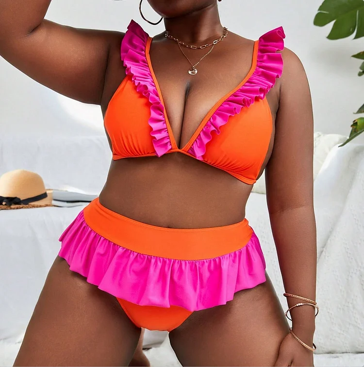 Plus Size Contrast Ruffled Bikini Swimsuit