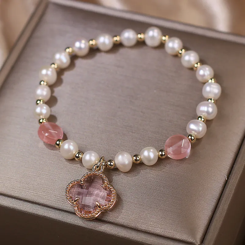 Four Leaf Clover Pearl Crystal Bracelet