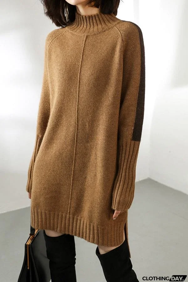 Dbfbdtu Knitted Turtleneck Slit Long Sleeved Mini Dress