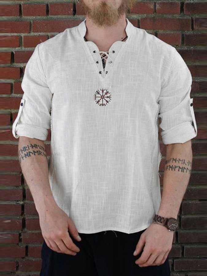 Men's Cotton Linen Embroidered Stand Collar Shirt