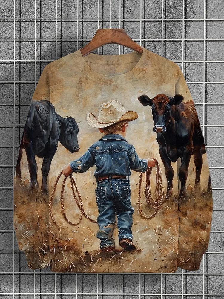 Men's Little Cowboy And Cattle Oil Painting Print Casual Sweatshirt
