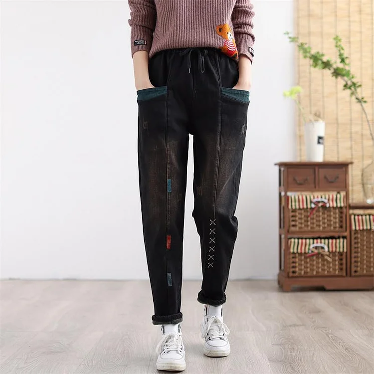 Women Winter Thicken Retro Embroidered Patchwork Elastic Jeans