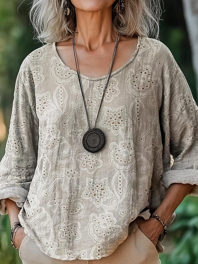 Women's Vintage Ethnic Floral Art Print Casual Cotton And Linen Shirt