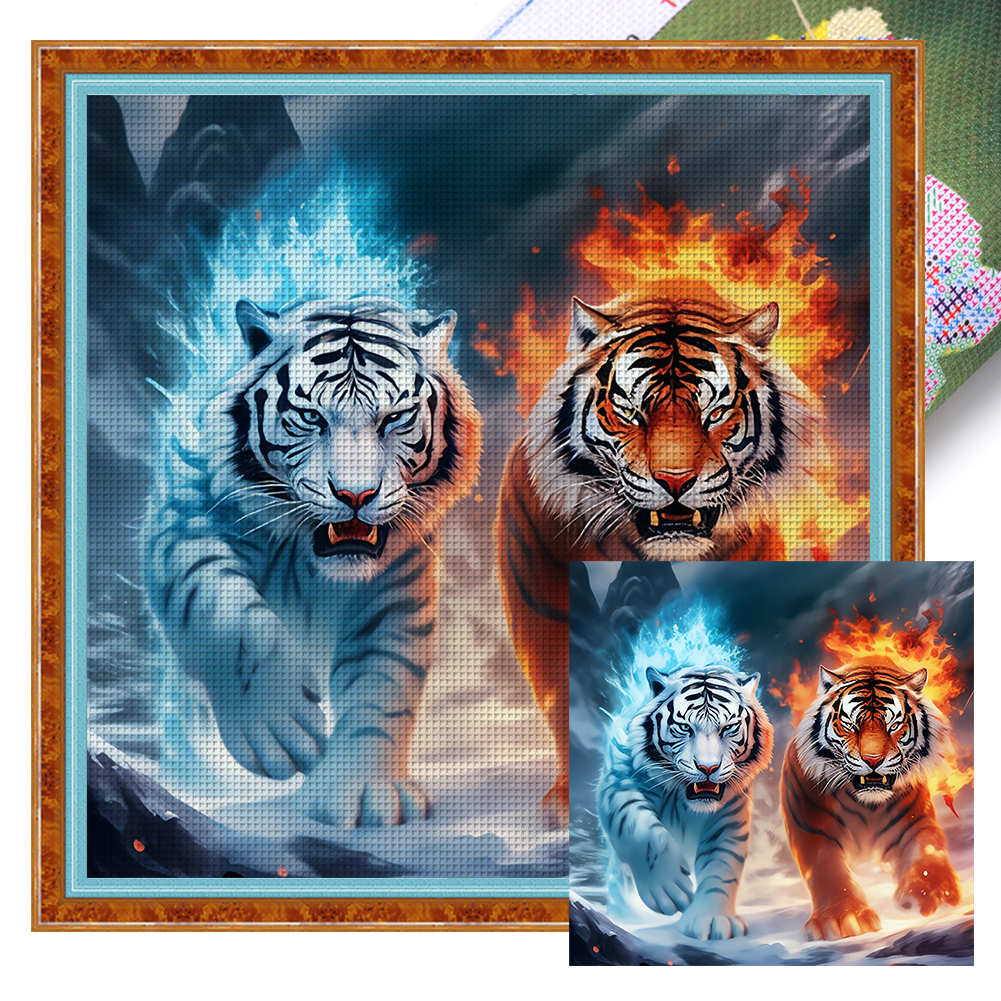 Ice And Fire Tiger Full 11CT Pre-stamped Canvas(45*45cm) Cross Stitch