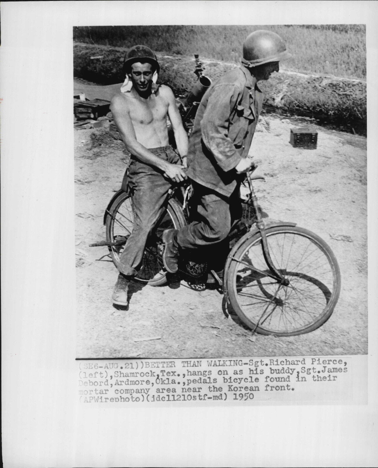 US Army Sargents on Bicycle near their Mortar in Korea Press Photo Poster painting