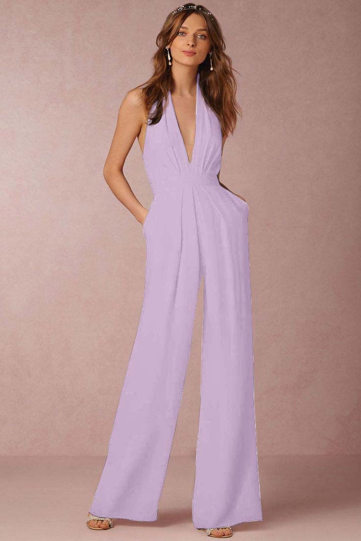 Hidais Stylish Black Halter Sleeveless High Waist Long Wid-Leg Jumpsuit with Pleated