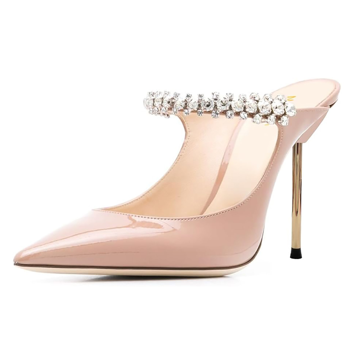 Nude Rhinestone Strappy Pointed Toe Mules for Women with Stiletto Heel Nicepairs