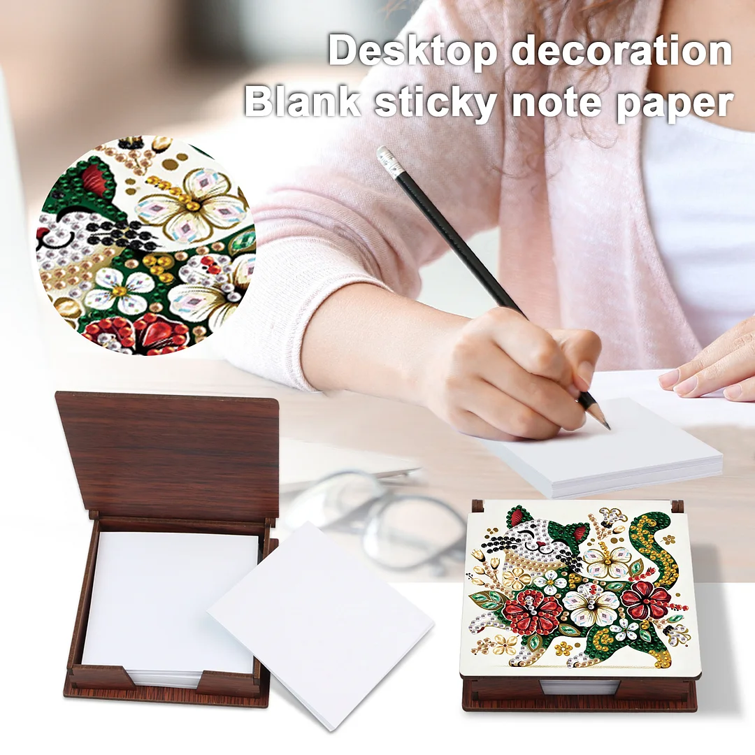 Wooden DIY Flower Cat Diamond Painting Kit Note Box with 160 Papers for Office