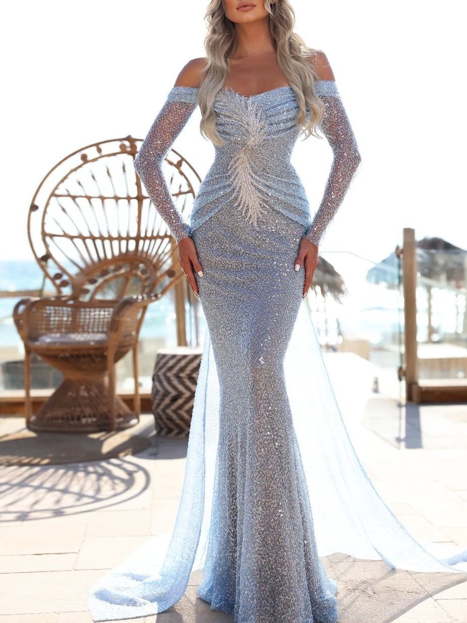 Neosepa-Off Shoulder Long Sleeve Pleated Detail Feather-shaped Sequins Mermaid Blue Gown
