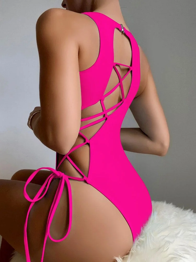 INGAGA Lace Up One Piece Swimsuit Solid Swimwear Women Sexy Cut Out Bodysuit 2022 Backless Bathing Suit Women High Neck Monokini
