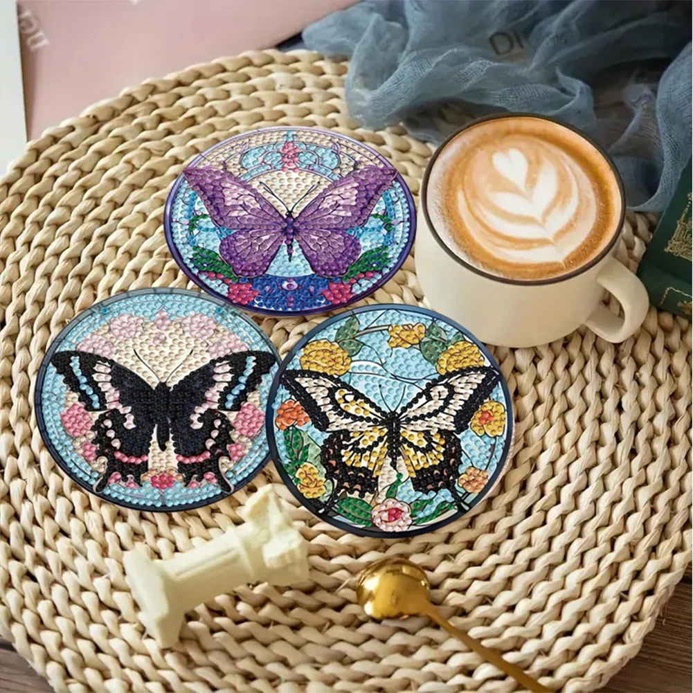 8pcs Butterfly DIY Diamond Painting Coasters Kits with Holder Wooden Coaster