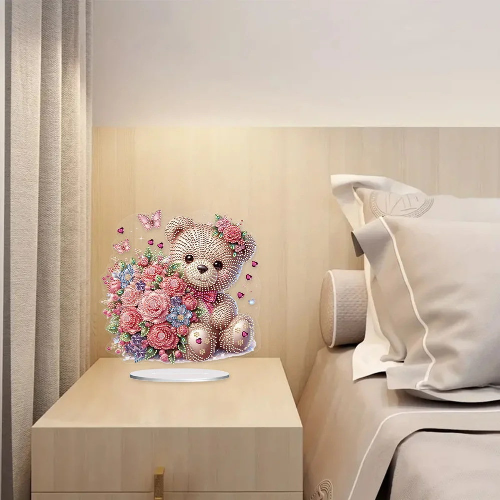 5D DIY Love Flower Bear Acrylic Single-Sided Diamond Painting Tabletop Ornament Kit for Office Desktop Decor