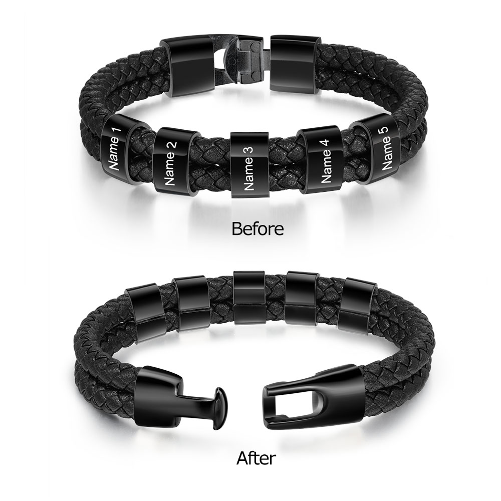 Black Personalised 1 Photo & 1 Letter & 6 Names Gift Set Custom Wallet & Bracelet & Pen Gift Box Set Father’s Day Gifts-Jessemade AU