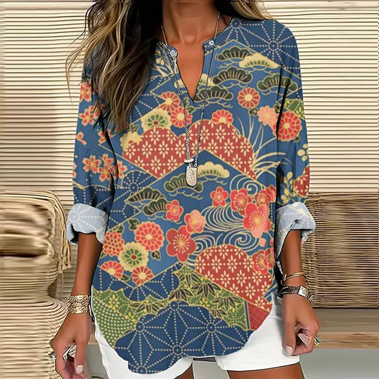 Japanese Art Print V-Neck Long Sleeved Casual Blouse