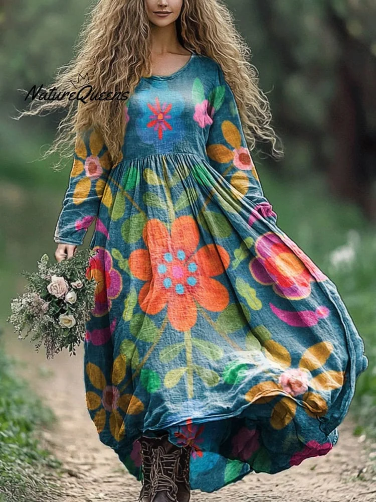 Women's Retro Floral Print Pocket Cotton Dress