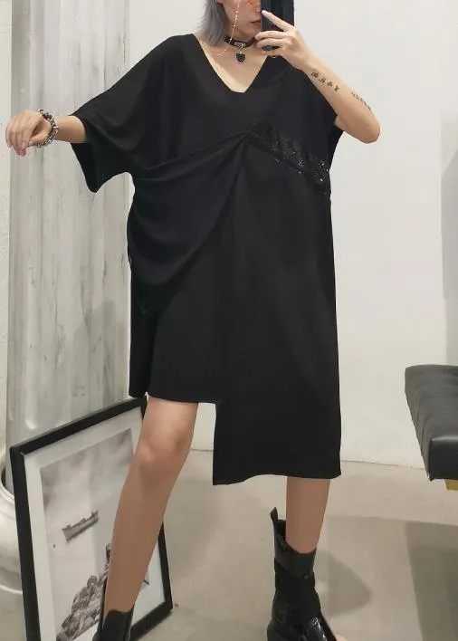 Modern v neck patchwork Cotton dress Catwalk black Dresses summer