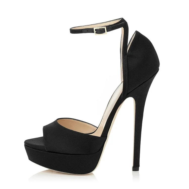 Black Peep Toe Platform Sandals, Ankle Strap High Heels Vdcoo