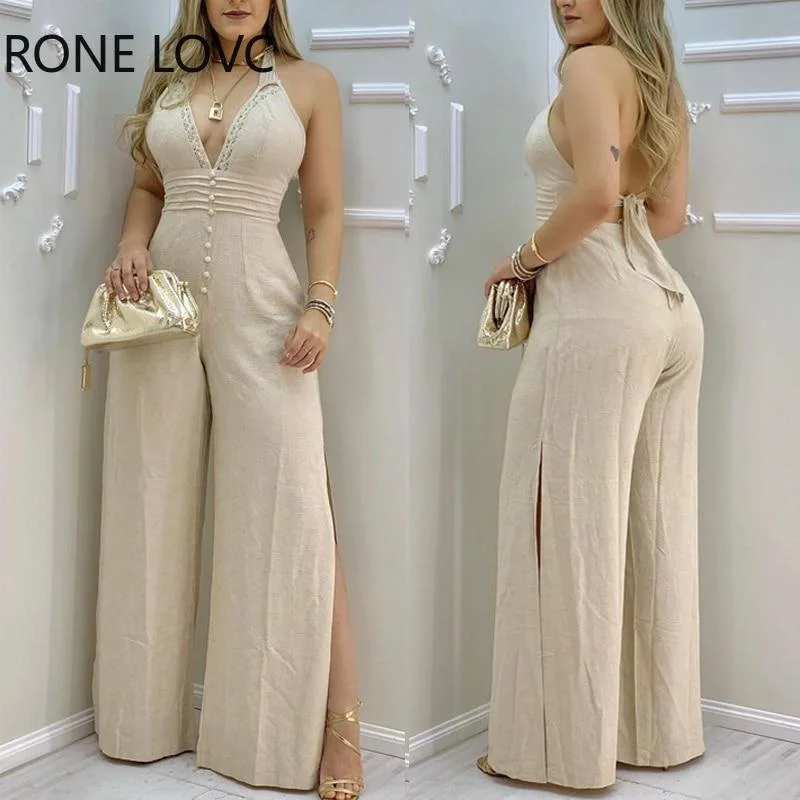 Women Jumpsuits Lace Trim Buttoned Backless Slit Jumpsuit V Neck Jumpsuit 1026