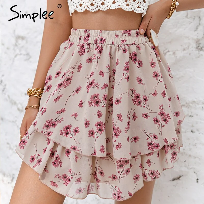 Simplee Pink Cotton High Waist Mini Skirt Casual Ruffled A-line Women Short Skirt Solid Summer Cotton Rmbroidered Female Skirt