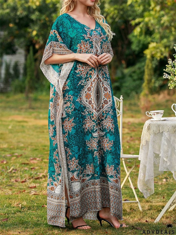 Blue Short Sleeve V-Neck Floral Moo Moo Dress