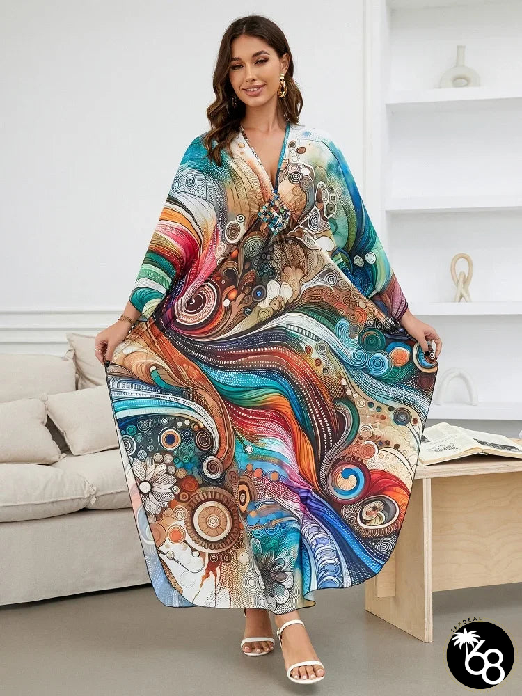 Women's Polyester V-Neck Long Sleeve Printed Pattern Maxi Dress | 168DEAL