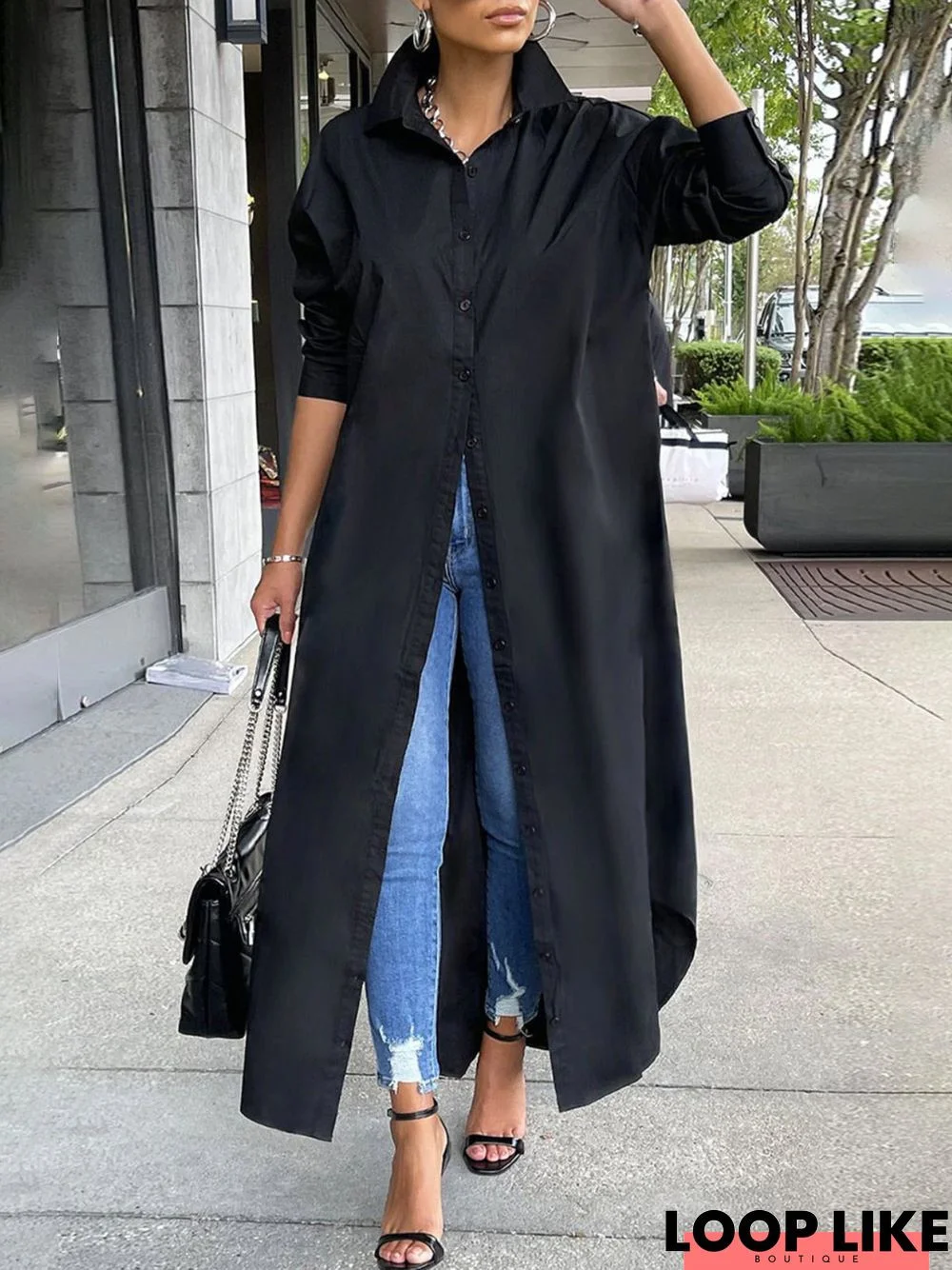 Simple Loosen Plain Long Sleeve Woven Maxi Dress