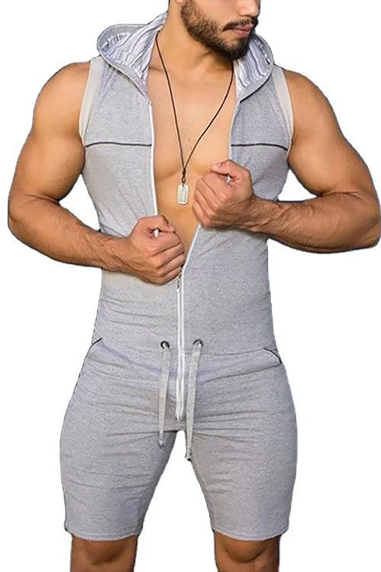 Men's Zipper Hooded Casual Sports Medium Waist Rompers Suits