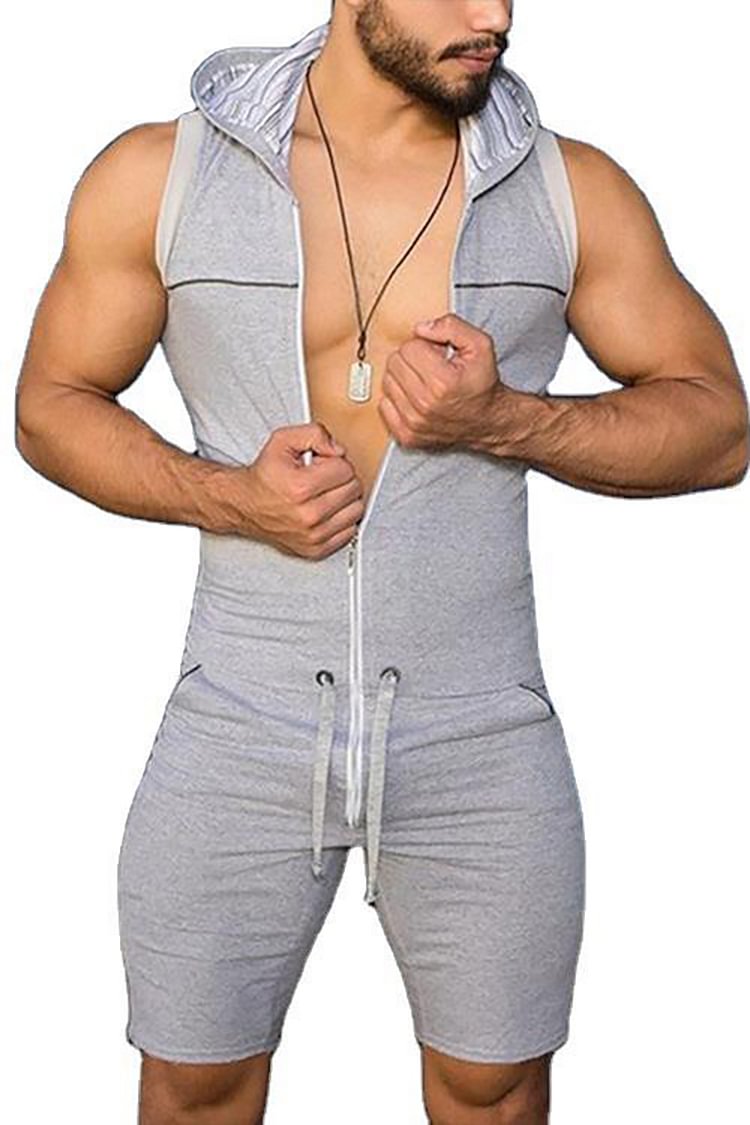 Men's Zipper Hooded Casual Sports Medium Waist Jumpsuit