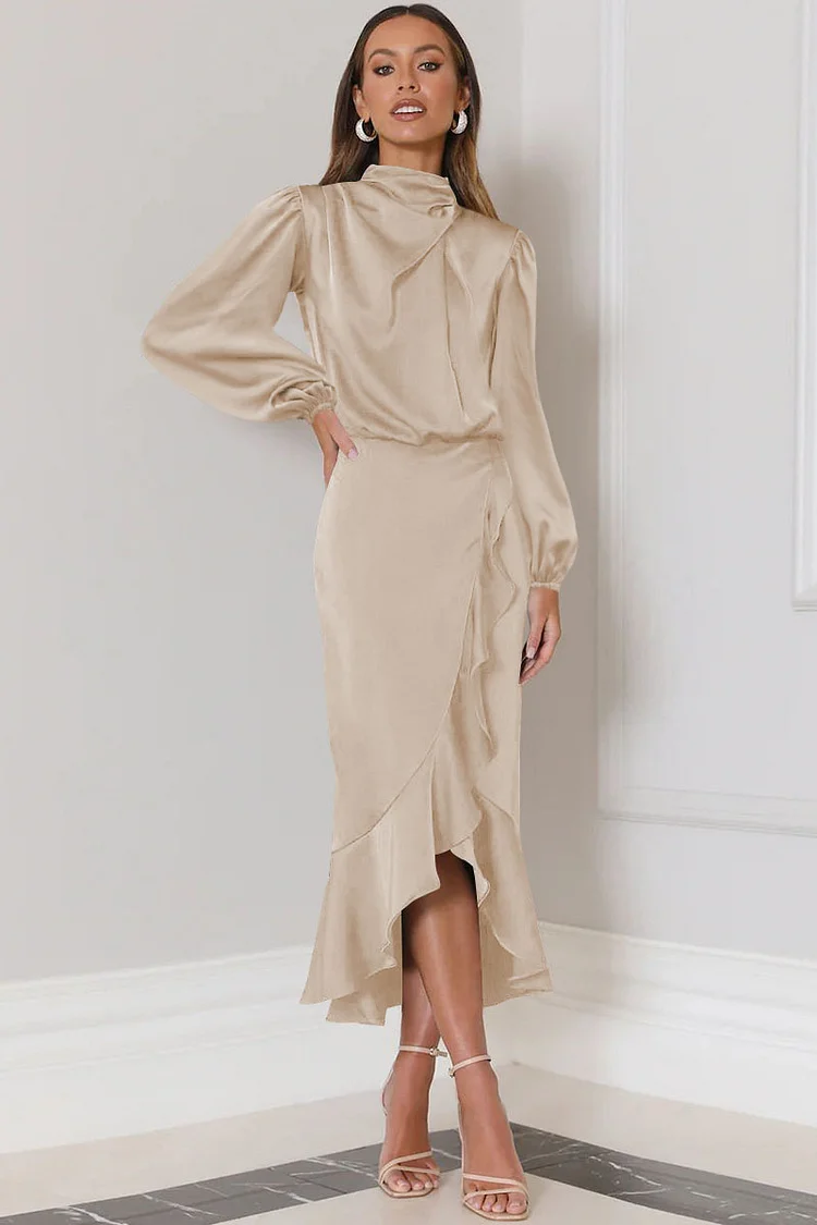 Satin Mock Neck Lantern Sleeve Slim Fit Ruffled Fishtail Midi Dresses