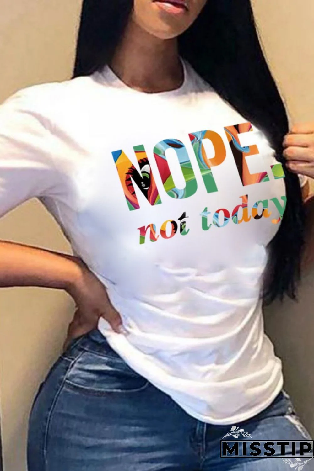 White Casual Letter Print Basic O Neck T-Shirts