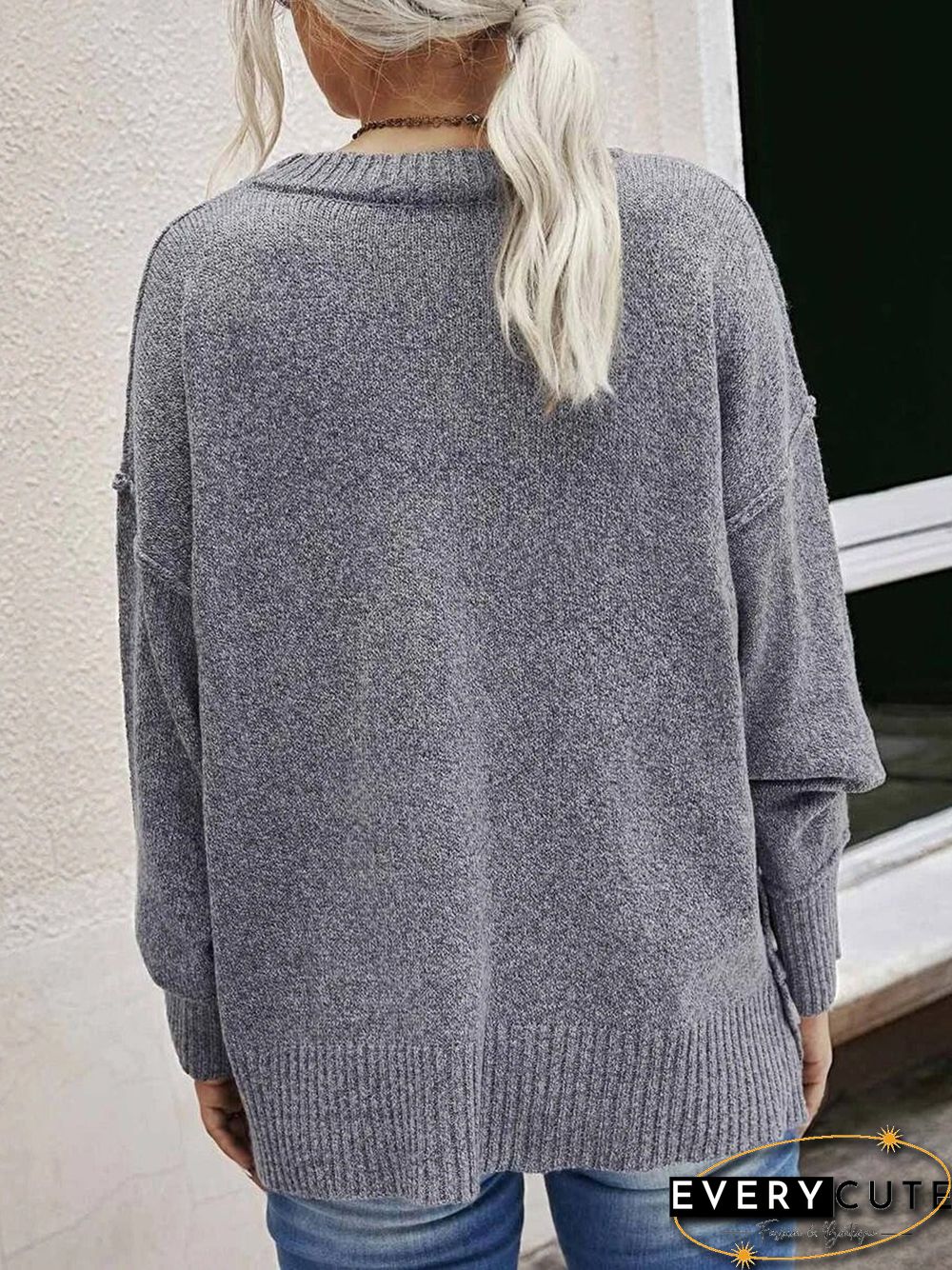 Casual Buttoned Plain Crew Neck Loose Sweater