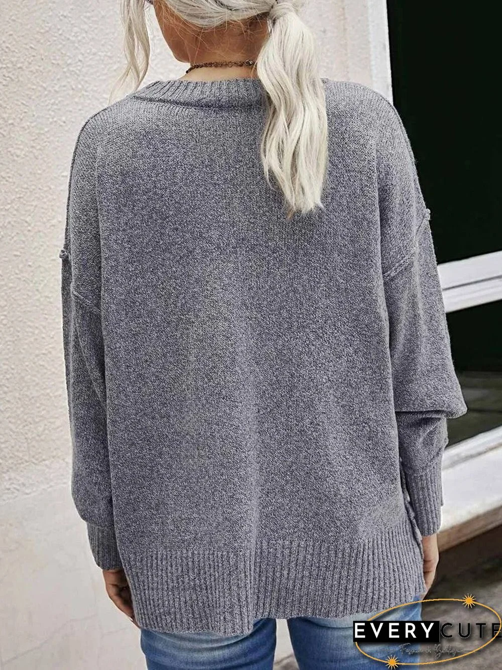 Casual Buttoned Plain Crew Neck Loose Sweater