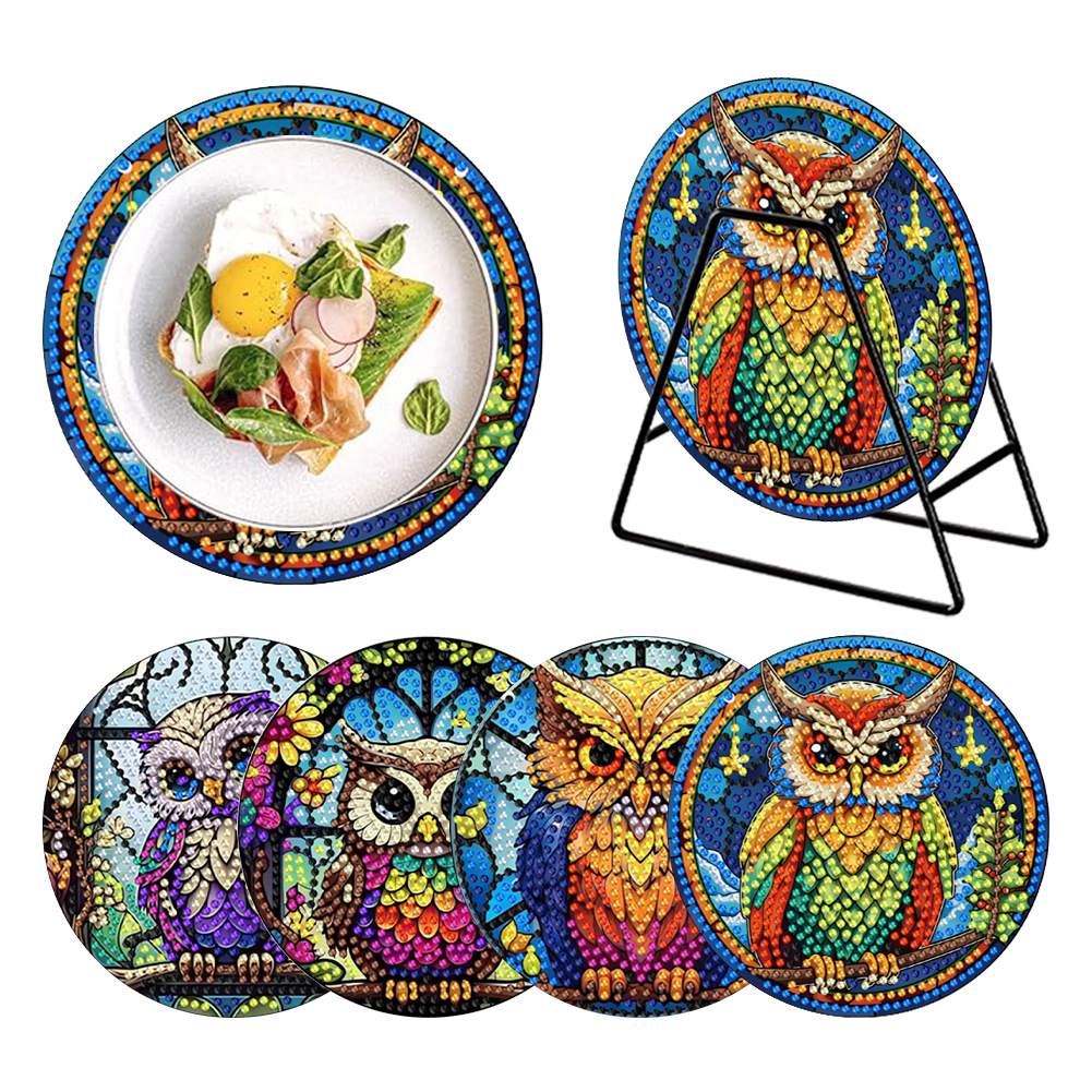 4Pcs Wooden Diamond Painting Placemats Round Diamond Art Table Mats (Owl A)
