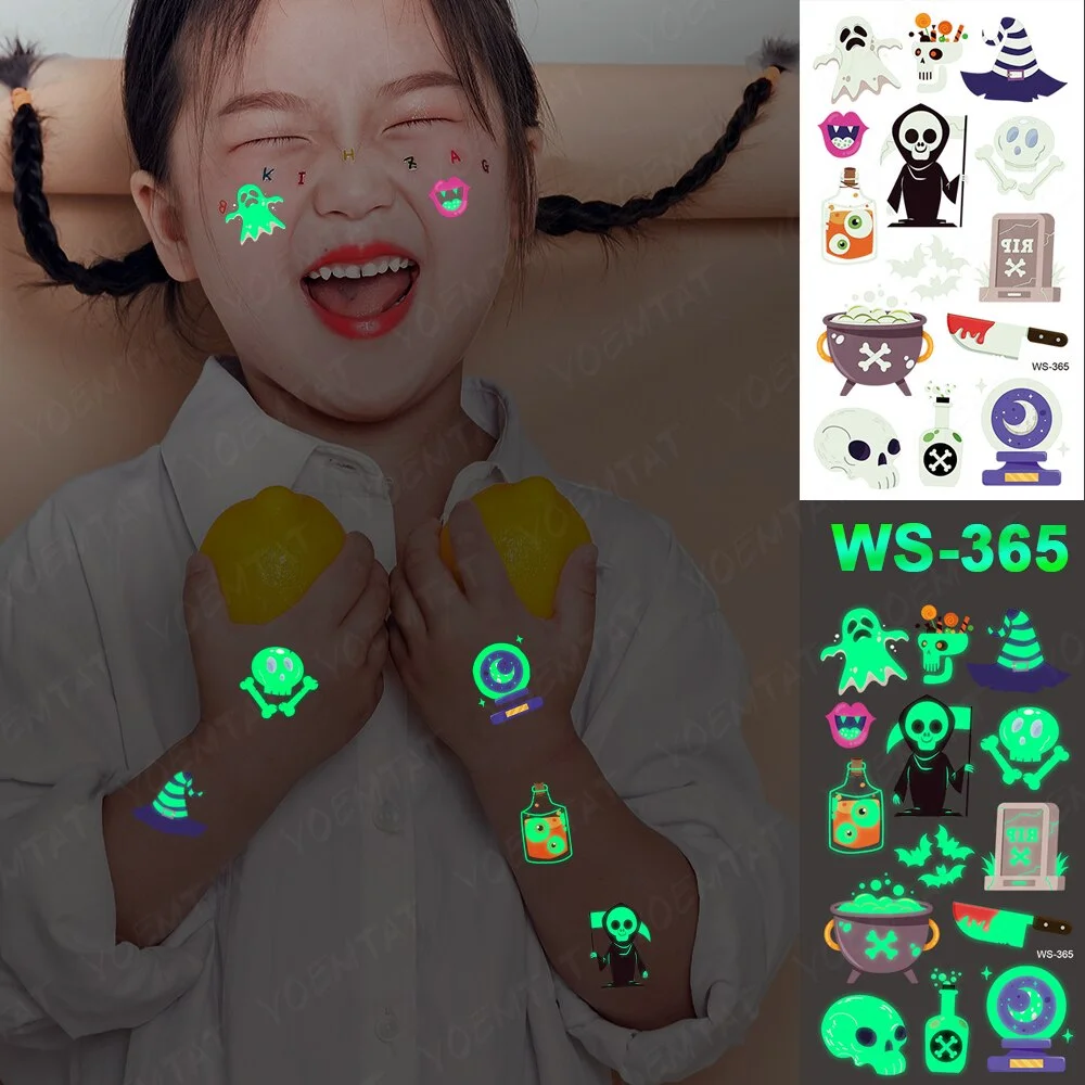Sdrawing Temporary Luminous Tattoo Sticker Waterproof Pumpkin Skull Tatoo Arm Glowing Tattoos On Child Halloween Party Decor