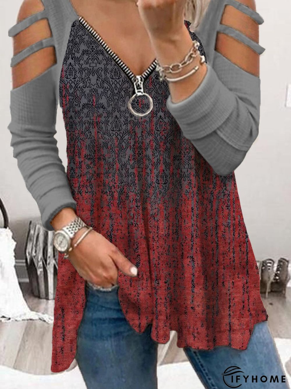 Long Sleeve Casual V Neck Shift T-shirt | IFYHOME