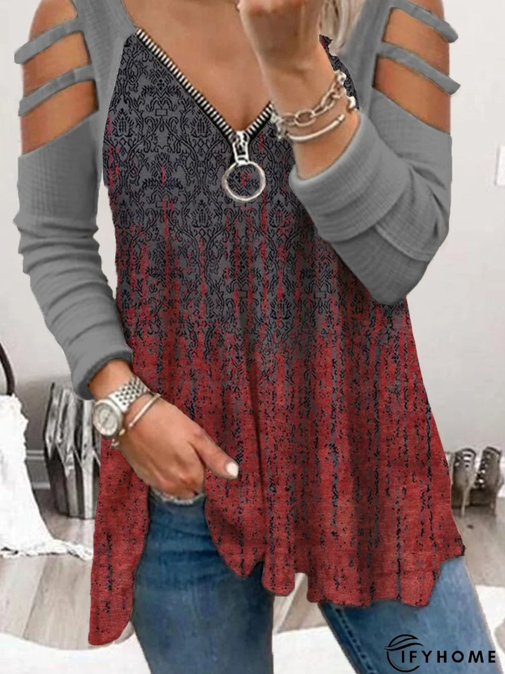 Long Sleeve Casual V Neck Shift T-shirt | IFYHOME