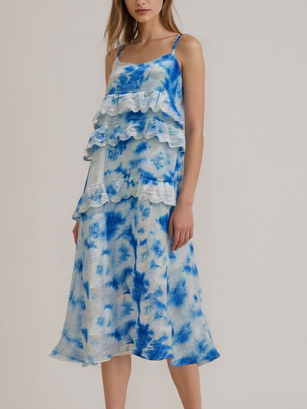 Hand-tie-dyed Strap Tiered Lace Trim Midi Dress