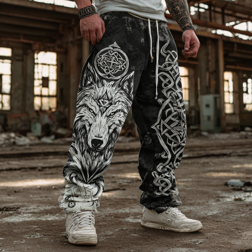 Men's Retro Viking Style Wolf Head Print Casual Sports Long Pants elevenforest