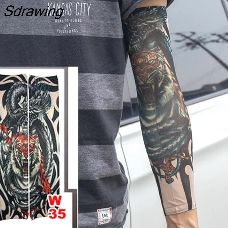 Sdrawing Temporary Tattoo Sleeve Tattoos Full Long Arm Tattoo Sleeve Men Elastic Nylon Tattoos skull dragon snake tiger tatoo sleeve