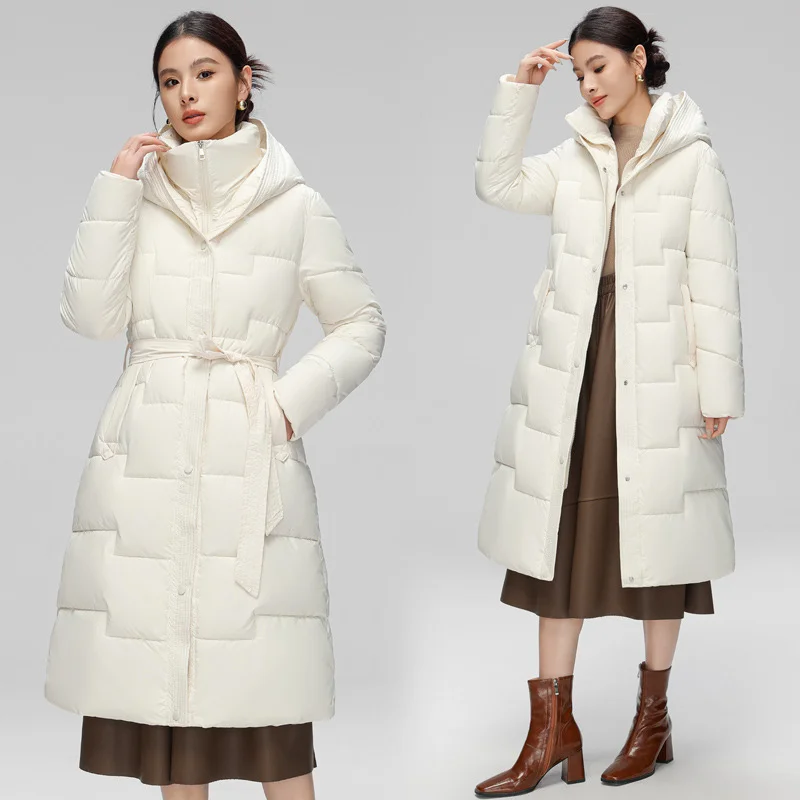 Woherb Down Cotton-Padded Jacket Female Long Knee Hooded Cotton-Padded Jacket Female Winter Long Cotton-Padded Jacket Waist Belt Hooded Coat Thick-Outfit Ideas