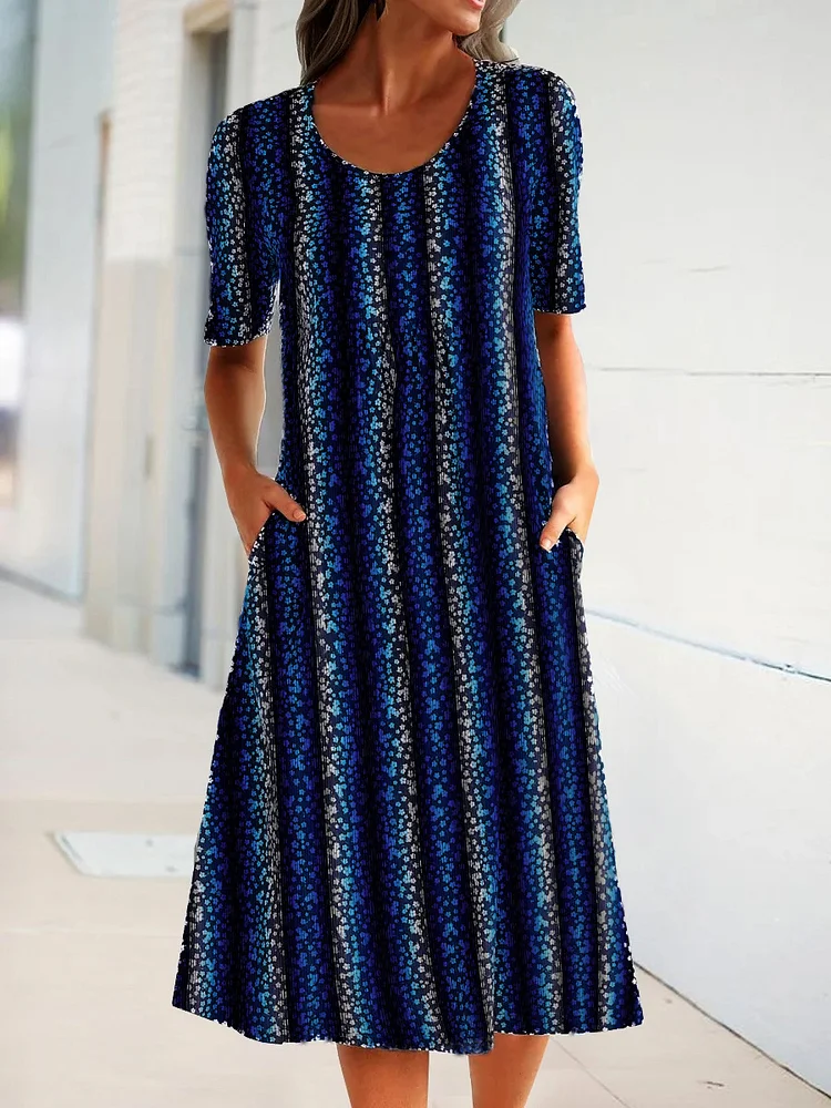 Striped Colorful Print Crew Neck Midi Casual Dress