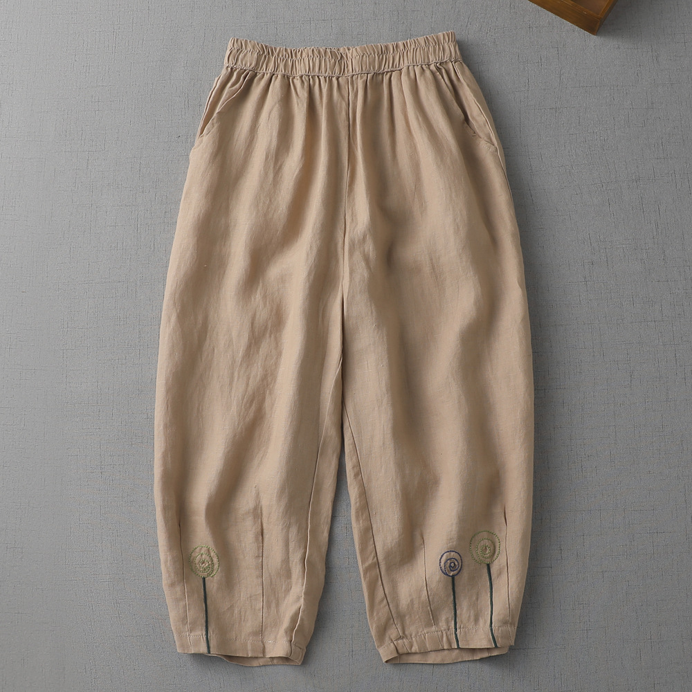 Cotton and linen cropped elastic waist casual pants