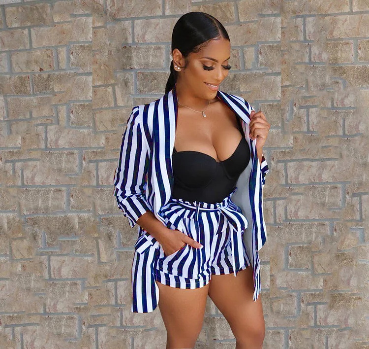 Womens 2 Piece Outfit Striped Suits Sets Slim Tops Belted Shorts