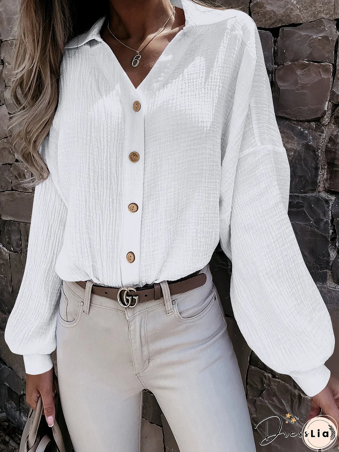 Blouses V-Neck Button Balloon Sleeve Blouse for Women
