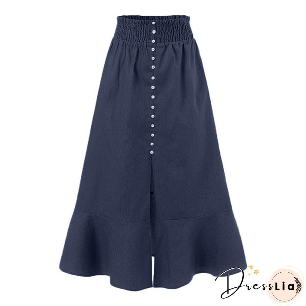 Women Elastic Waist Button Front Denim Skirt Flared Hem Casual Long Skirts
