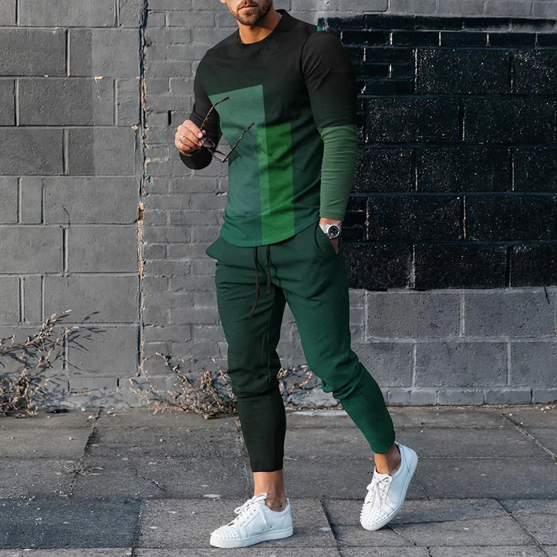 Men's Color Block Stitching Casual Long Sleeve T-Shirt And Pants