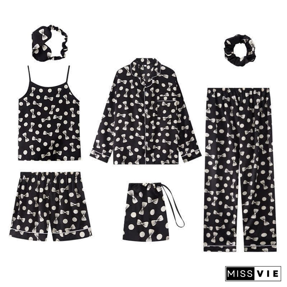 Love Heart Bow Knot Print Silk Pajamas Seven Pieces Set